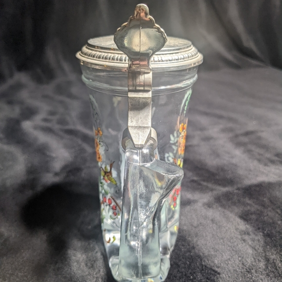 German Beer Stein Vintage Lidded Bird Hunter Forest Flower Butterfly Clear Glass - Picture 9 of 11